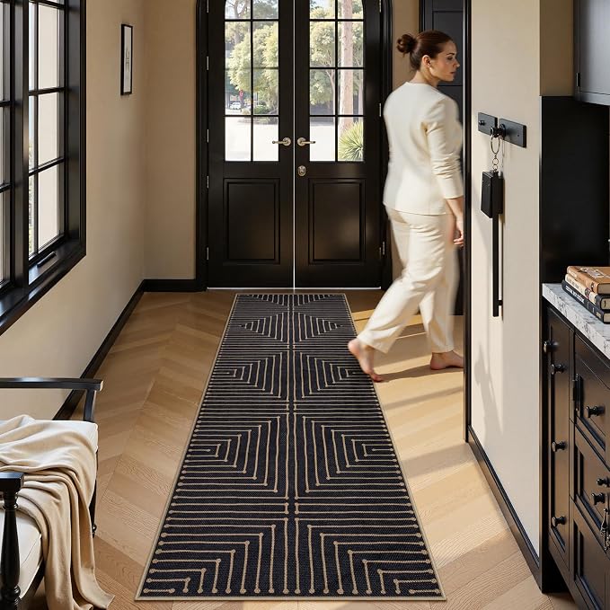 Lahome Black 2x8 Kitchen Runner, Modern Geometric Runner Rug Non Slip | Farmhouse Rhombus Low Pile Non Shedding Indoor Outdoor Carpet Runner for Hallway Entryway