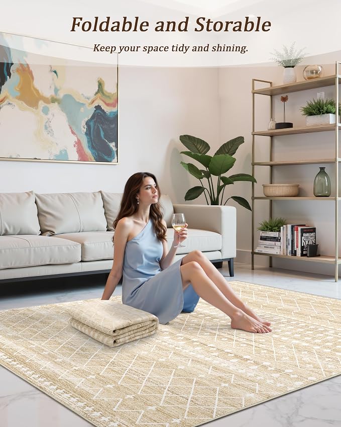 Miukiki 8x10 Area Rug for Living Room, Washable Soft Non Slip Rug Beige | Moroccan Large Indoor Rug for Kitchen Bedroom Dining Room Office, Low Pile Soft Floor Carpet Home Decor 8'x10'