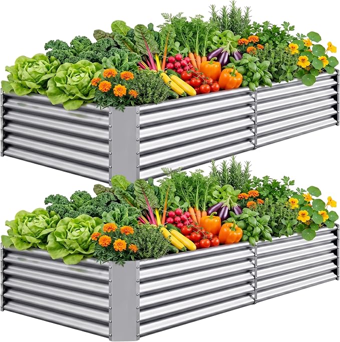 AHEONLAR 2 Pack 8×4×1.5ft Galvanized Raised Garden Beds Outdoor, Rectangle Sturdy and Durable Planter Boxes for Vegetables, Fruits, Flowers and Plants, Easy Assembly, Silver