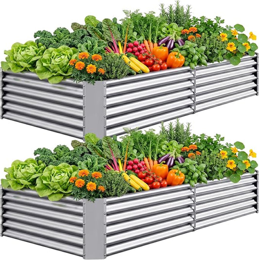 AHEONLAR 2 Pack 8×4×1.5ft Galvanized Raised Garden Beds Outdoor, Rectangle Sturdy and Durable Planter Boxes for Vegetables, Fruits, Flowers and Plants, Easy Assembly, Silver