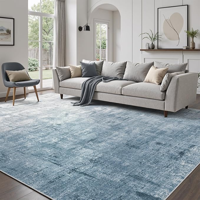 DCX Washable Abstract Area Rug 9x12, Non Slip Low Pile Rug, Blue | Easy to clean, non-shedding, soft, kid & pet friendly, with a non-slip rubber backing for living rooms, bedrooms, and offices