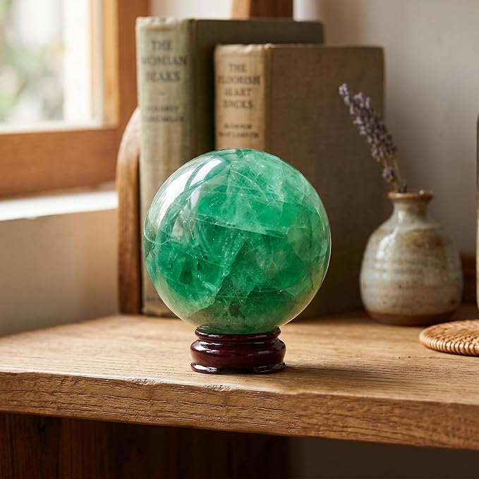 2-2.4 inch (5-6 cm) Natural Green Fluorite Crystal Ball with Stand, Hand Polished Gemstone Sphere, Reiki Healing Decorative Stone Sphere, Feng Shui Home Ornament, Mineral Crystal Collection Gift