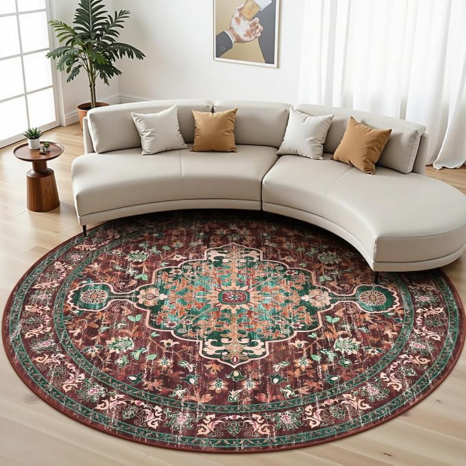 U'Artlines Boho Round Area Rug 8ft Machine Washable Carpet, Rust＆Teal | Vintage, Low Pile, Non Slip, Ultra-Thin Soft Floor Carpet, Circle, Accent Rug for Living Room Bedroom Dining Room Office