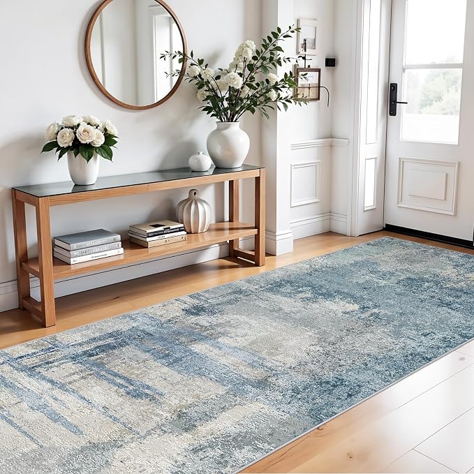 4x10 Modern Abstract Hallway Rug:Washable Wide Runner Rug Blue | Non-Slip Thin Rug for Kitchen, Living Room, Bedroom - Easy Clean Carpet for Long Spaces - Soft Low Pile Floor Mat 4x10 Blue