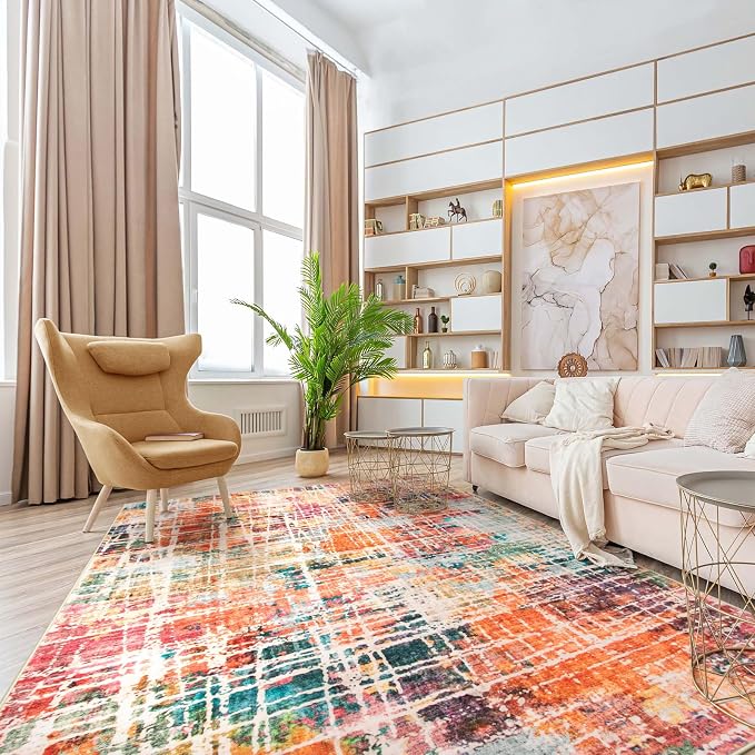 Beeiva Abstract Living Room Carpet 6x9, Modern Washable Non Slip Area Rug, Ultra Thin Foldable Low Pile Rugs for Bedroom Dining Room Playroom Office - Multicolor