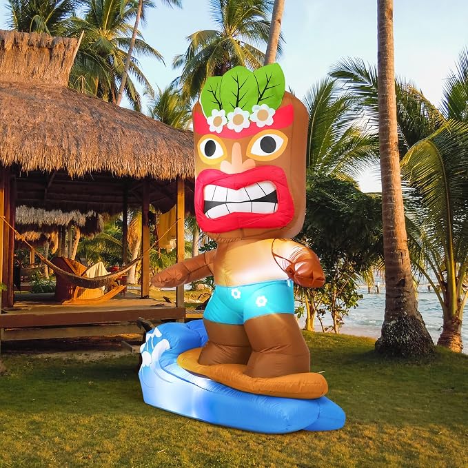 Shappy 5 Ft Inflatable Surfboard Lighted Blow up Tiki Hawaiian Party Decor | Luau Tropical Inflatables Giant Outdoor LED Tiki Blow up Aloha Bar Beach Summer Pool Surfing Party Decorations