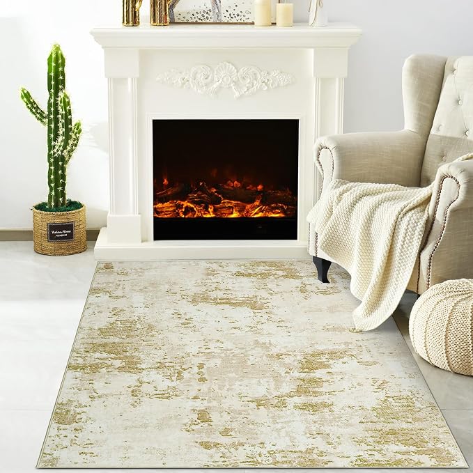 ROYHOME Modern Abstract 2x3 Area Rug Non Slip Non Shedding Low Pile Stain Resistant Rug for Entryway Kitchen Bedroom,Golden Grey