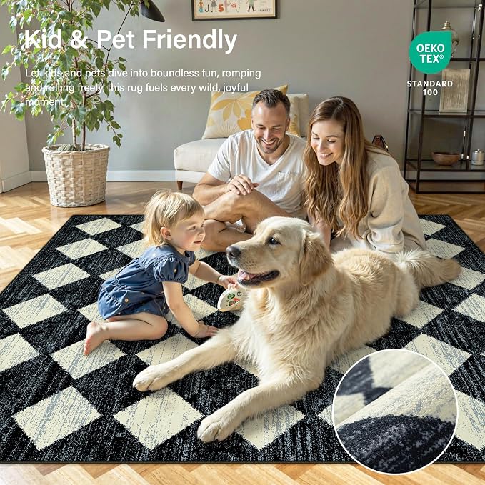 Lahome Zelie Moroccan Trellis Area Rug, 2x3 Small Black Checkered Entryway Rug Non Slip Kitchen Mat, Stain Resistance Indoor Modern Floor Soft Throw Carpet for Front Door Bathroom Sink Bedroom
