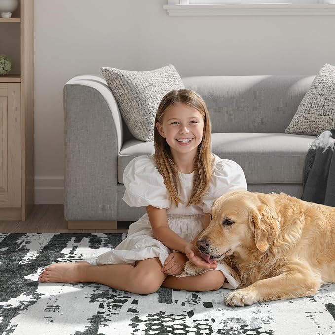 DCX Washable Abstract Area Rug 9x12, Non Slip Low Pile Rug, Black | Easy to clean, non-shedding, soft, kid & pet friendly, with a non-slip rubber backing for living rooms, bedrooms, and offices