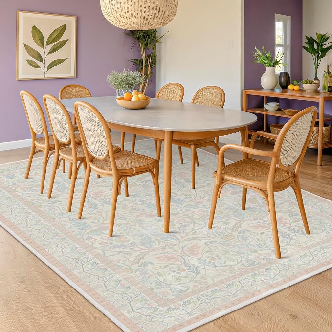 Washable Big 9x12 Floral Cute Rugs for Bedroom, Shabby Chic Large Oushak Area Rug for Living Room, Low Pile & Soft Carpet with Botanical and Wildflower Pattern (Pink and Blue)