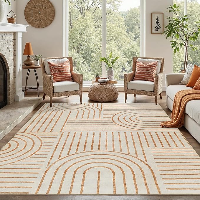 DCX Abstract Washable 6x9 Rug, Non Slip Low Pile Rug, Beige | Rugs for living room, bedroom, dining room, office, soft, mid century modern rug, sain resistant indoor carpet, home decor