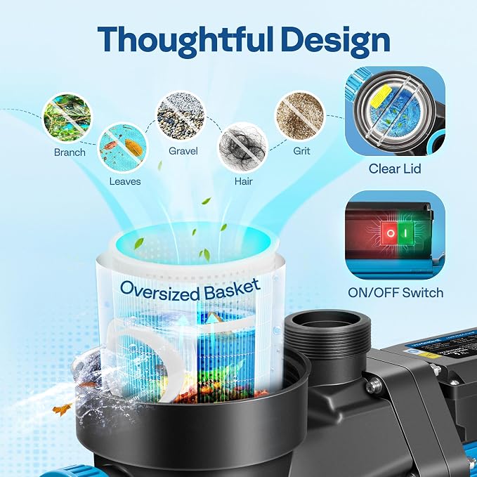 VIVOHOME Self Primming in/Above Ground Swimming Pool Pump w 1.25'' & 1.5" & 2.0'' Unions Energy Saving w/Strainer Baske, 6361 GPH