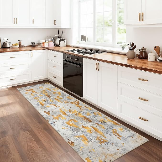 Gold Runner Rugs for Hallway: Abstract Washable Runner Rug 2x6 for Entryway Kitchen Bedroom Bathroom - Modern Cozy Home Decor Long Carpet Mat Stain-Resistant