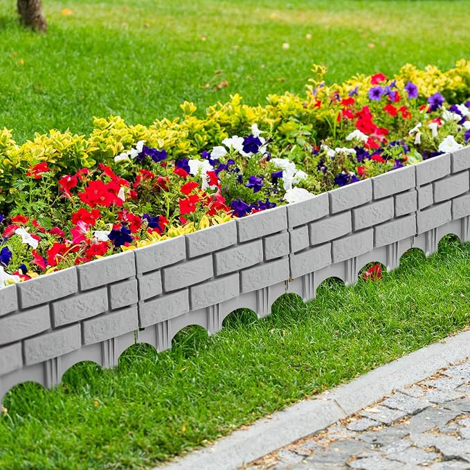 Landical 4 Pcs Imitation Stone Garden Fence, Faux Stone Retaining Wall Look Garden Bricks Border with Ground Stakes, 17.3 x 12.6 in Gray Plastic Edging Blocks for Flower Beds, Lawn, Mulch (Gray)