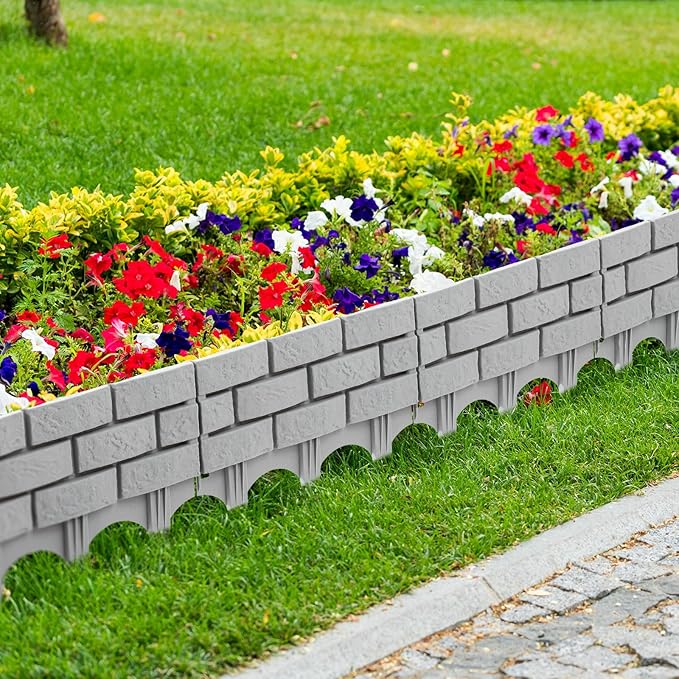 Landical 8 Pcs Imitation Stone Garden Fence, Faux Stone Retaining Wall Look Garden Bricks Border with Ground Stakes, 17.3 x 12.6 in Gray Plastic Edging Blocks for Flower Beds, Lawn, Mulch (Gray)