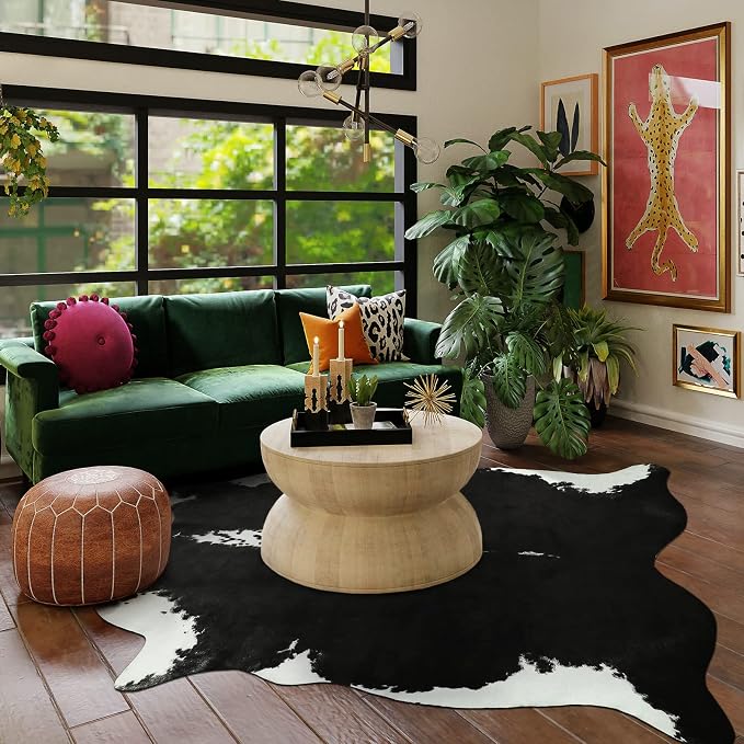 AROGAN Premium Faux Cowhide Rug 158 x 140 cm/5.2 x 4.6 feet, Durable and Large Size Cow Print Rugs, Suitable for Bedroom Living Room Western Decor, Faux Fur Animal Cow Hide Carpet, Black | Premium Cow Hide Carpet, Western Rug for Bedroom Living Room De...