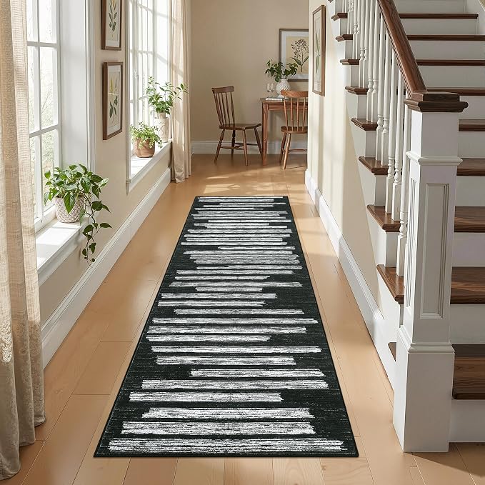 GarveeHome 2x6 Black Runner Rug for Hallway Striped Non Slip Kitchen Rug | Non-Slip Washable Low Pile Carpet for Bedroom Entryway Stain Resistant Foldable Soft Enreyway Rugs