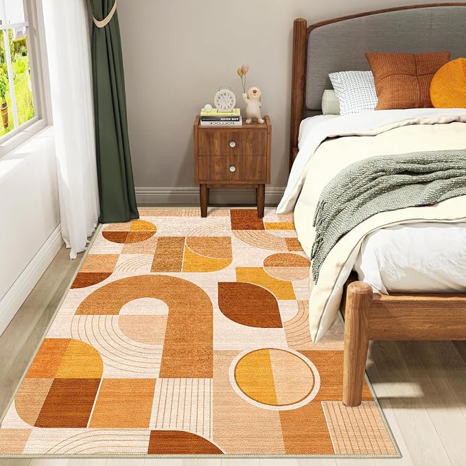 3x5 Geometric Area Rug for Bedroom Orange Mid Century Modern Rug | Washable Orange Abstract Rugs Low Pile Non-Slip Floor Carpet for Kitchen Living Room Dining Room Bedroom Entry