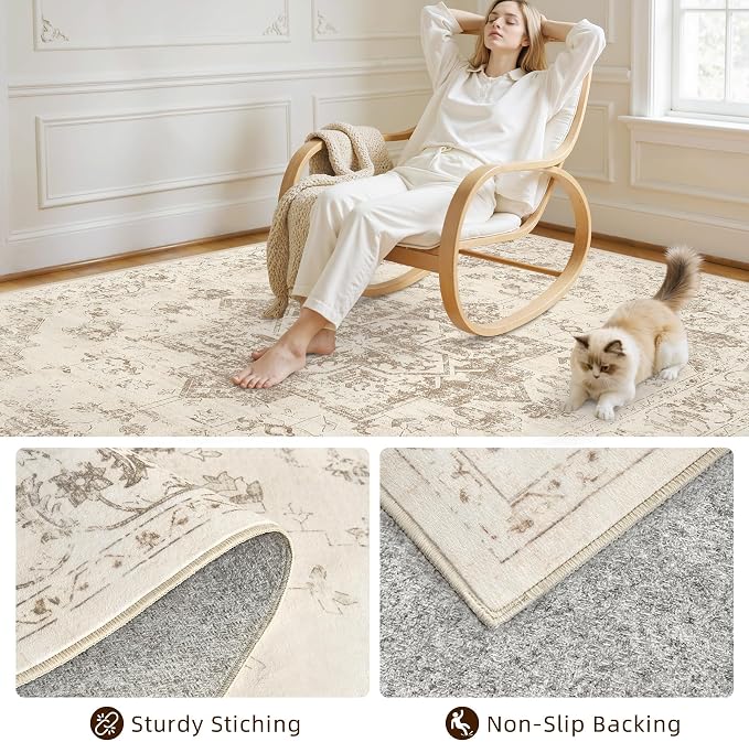 4x6 Area Rugs Living Room: Bedroom Washable Carpet Beige/Ivory | Vintage Boho Soft Small Indoor Decor Floor Non-Slip Low Pile Neutral Farmhouse Entryway Laundry Bathroom Bedroom Beside Rugs