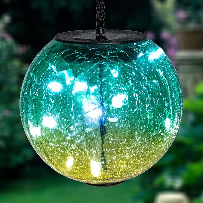 Mosaic Solar Hanging Lantern Green Glass Outdoor Waterproof Solar Lights | Hanging Solar Lights for Outside, Cracked Mosaic Ball Lights Solar Powered Waterproof Garden Lights Housewarming Gifts