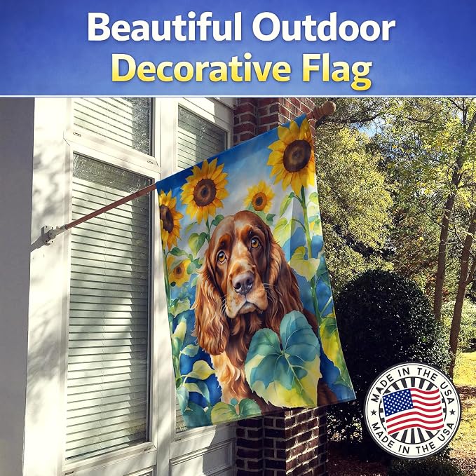 Caroline's Treasures DAC6073CHF English Cocker Spaniel in Sunflowers House Flag Large Porch Sleeve Pole Decorative Outside Yard Banner Artwork Wall Hanging, Polyester, House Size, Multicolor