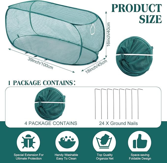 Threehoney 4 Pcs 39" x 18" x 16" Pop up Garden Mesh Plant Cover Outdoor Plant Protector Garden Row Raised Bed Cover with Ground Nails Crop Cage Net for Seedlings Vegetable Fruit Herbs (Dark Green)