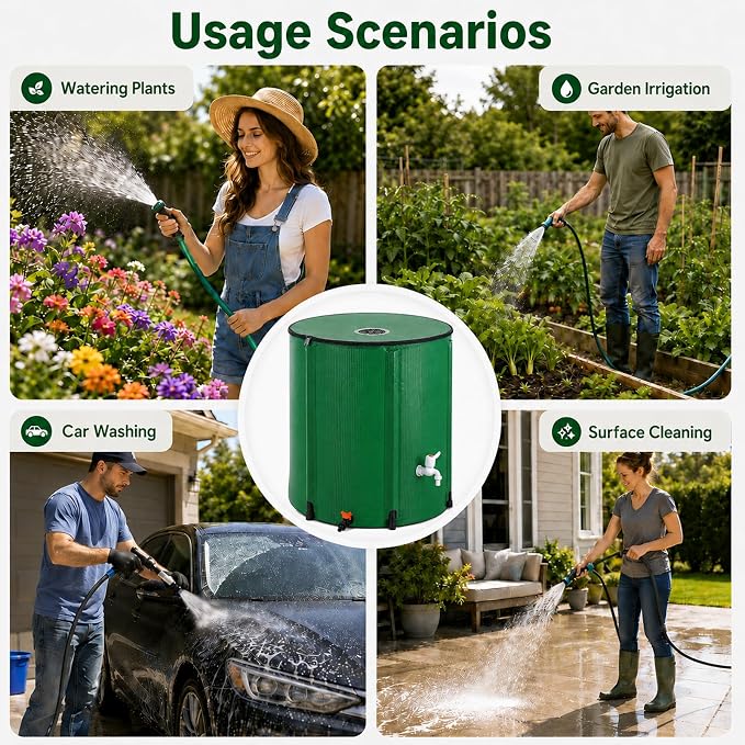 Collapsible Rain Barrel, 200 Gallon Portable Rainwater Collection System, Water Storage Tank, Rain Catcher Barrel with Spigots and Overflow Kit, Rain Water Barrel Collector for Garden, Green