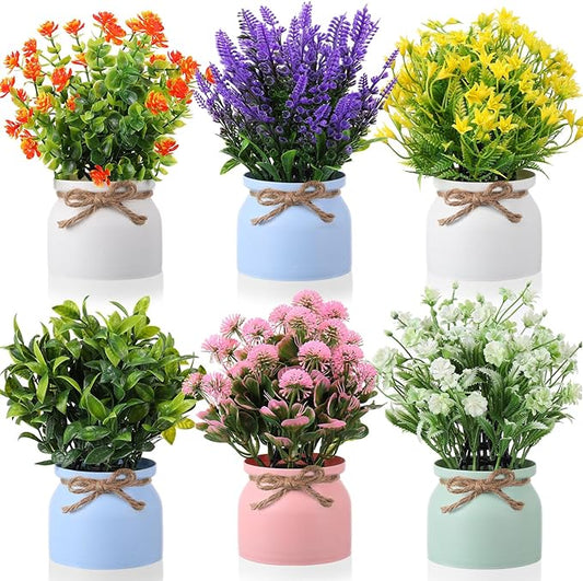 Cindeer 6 Pcs Large Artificial Potted Flowers Fake Potted Plants Plastic Faux Flowers for Home Decor Indoor Artificial Plants in Pots for Wedding Home Desk Tabletop Outdoor Office Kitchen (Fresh)