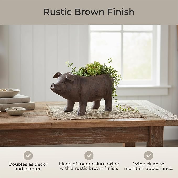 Zeckos Rustic Brown Smiling Pig Resin Decorative Planter - 17 Inches Long - Great for Flowers and Succulents - Perfect for Both Indoor and Outdoor Decor Settings