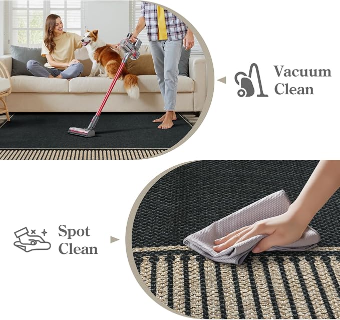 Moynesa Washable Black Striped Border Easy Jute Runner Rugs 2x6, Entryway Rug Runners for Kitchen, Farmhouse Indoor Outdoor Non Slip Carpet for Hallways Bathroom Bedroom Laundry