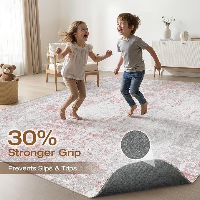 LOONGRUG 7x9 Area Rug Washable Neutral Modern Rug for Living Room Pink Gray | Abstract Soft Stain Resistant Indoor Non-Slip Carpet for Bedroom Nursery Kids Office Playroom Dining Room