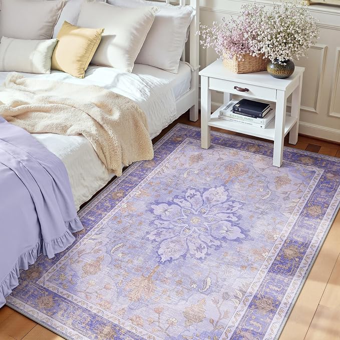 RELEANY Washable Area Rug, 3'x5', Purple | Non-Slip, Water Repellent, Pet Friendly, Easy to Clean, Vintage Floral Boho Decor for Living Room Bedroom Beside Kitchen