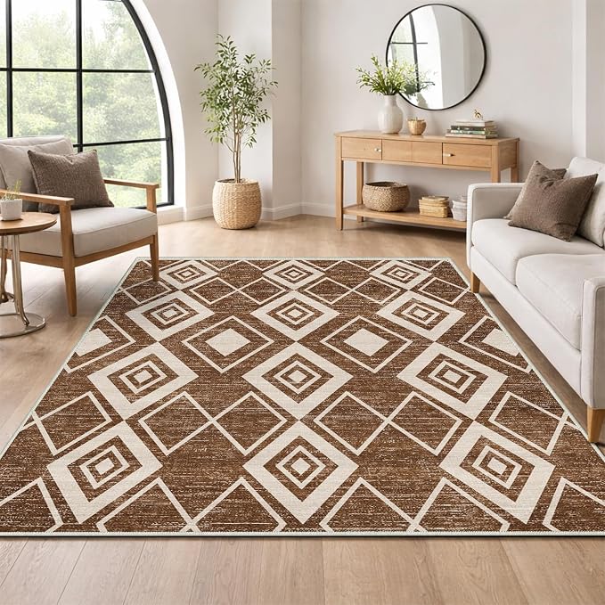 5x7 Moroccan Area Rug for Living Room Bedroom Western Boho Terracotta Modern Farmhouse Large Rug Machine Washable Non-Slip Tribal Series Carpet for Dining Room Office