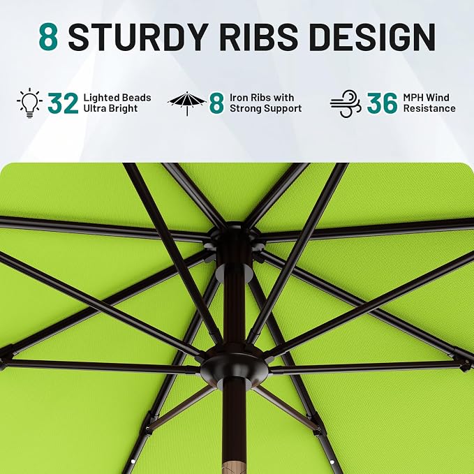 AreShark 12FT Large Patio Umbrella with Solar Lights, Solar Powered Outdoor Umbrella with Crank, Patio Table Market Umbrellas for Garden, Deck, Backyard, Pool and Beach, Apple Green