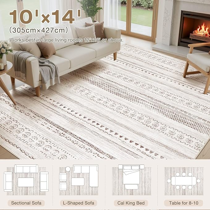 kakania Washable 10x14 Area Rug for Living Room: Boho Geometry Home Decor | Soft Stain Resistant, Low-Pile, Non-Slip, Pet & Kid Friendly, Thin Rug for Bedroom/Dining Room/Kids Dorm - Brown