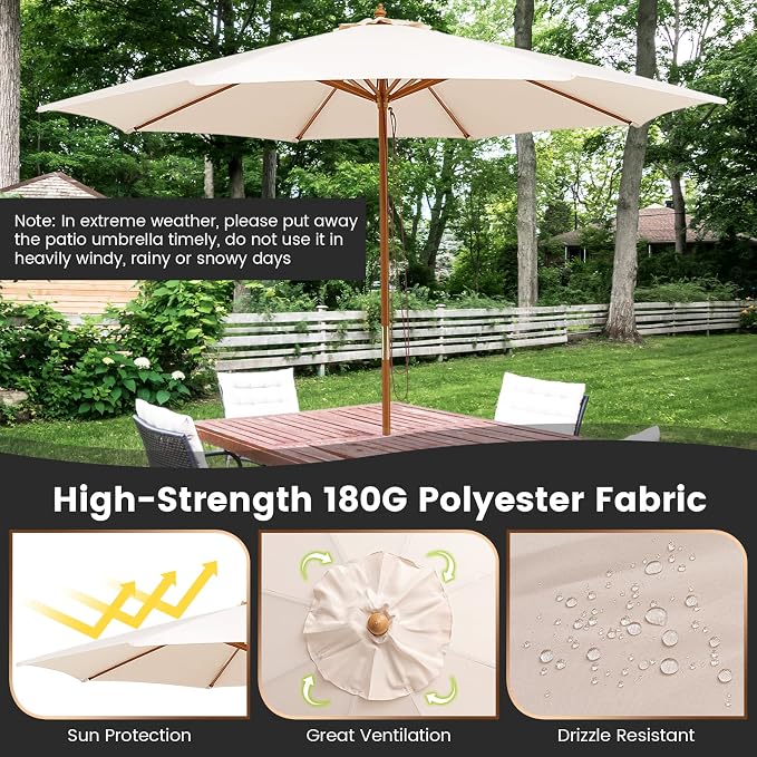 Tangkula Patio Umbrella Height Adjustable Wood Pole Outdoor Sun Shade Beige