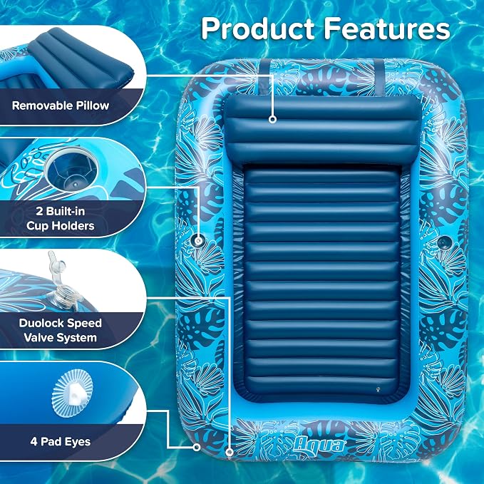 Aqua Inflatable Tanning Pool Lounger, Premium Pool Float with Cupholders and Removeable Pillow for Relaxation and Fun