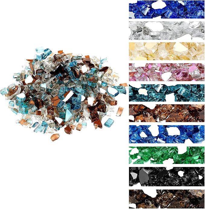 Onlyfire 10 pounds Fire Glass for Propane Fire Pit and Gas Fireplace, 1/4 Inch Blended Reflective Firepit Glass Rocks for Fire Pit Table and Fire Bowl, Aqua Blue+Platinum+Copper