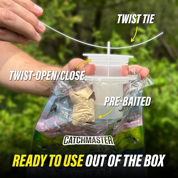 Catchmaster Disposable Outdoor Fly Trap, 8 Hanging Bags with Bait | Catches house, bottle & blowflies, Holds up to 30,000 flies, Food-based lure, no spray needed, For barns, coops & ranches