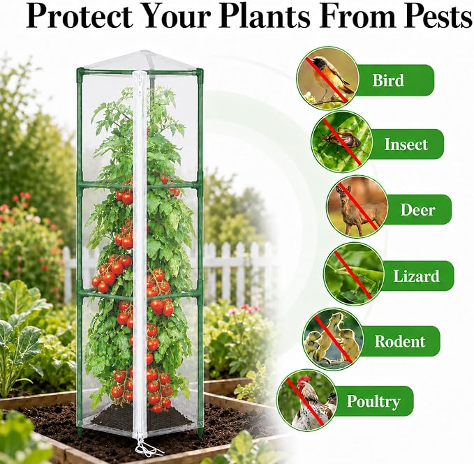Halatool Garden Tomato Plant Cover Netting, Fits 55–72" Tall Tomato Cages, Garden Bird Netting with Zipper & Drawstring, Insect Barrier, Plant Covers from Insects Animals, 2 Pack, 61"×15.7"