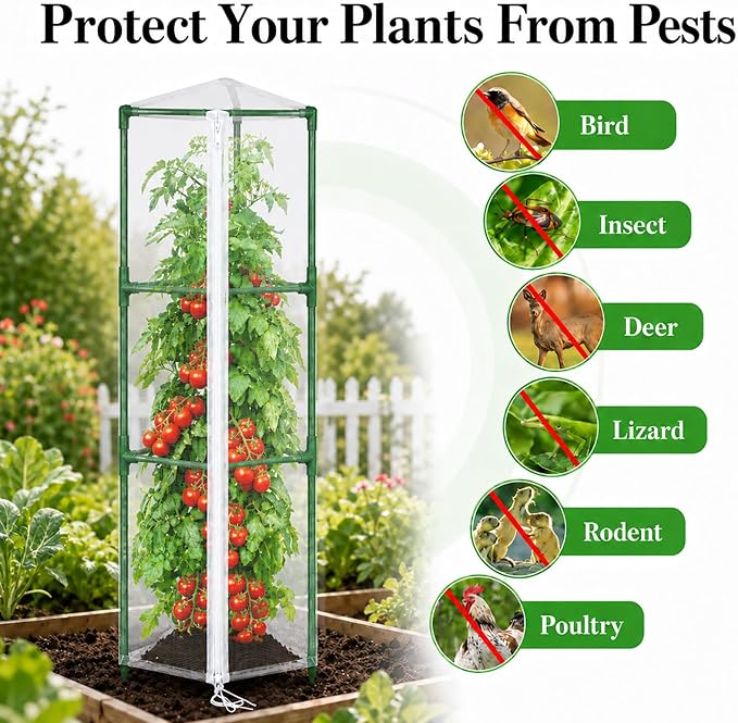 Halatool Garden Tomato Plant Cover Netting, Fits 55–72" Tall Tomato Cages, Garden Bird Netting with Zipper & Drawstring, Insect Barrier, Plant Covers from Insects Animals, 4 Pack, 61"×15.7"