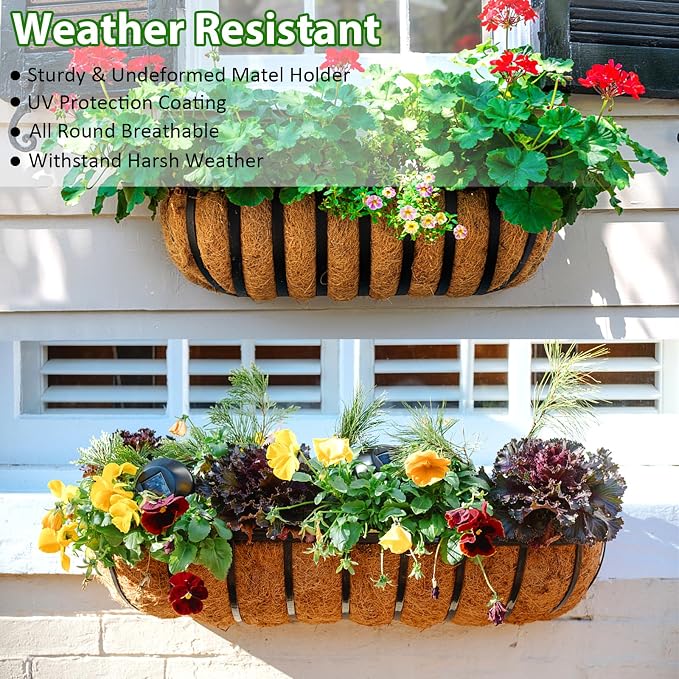 LCHUANG Railing Planter Window Box - 2 Pack 30 Inch Deck Balcony Rail Planter with Coconut Coir Liner, Fence Metal Hanging Flower Planter Basket Deck Railing Planter Boxes for Outdoor Garden