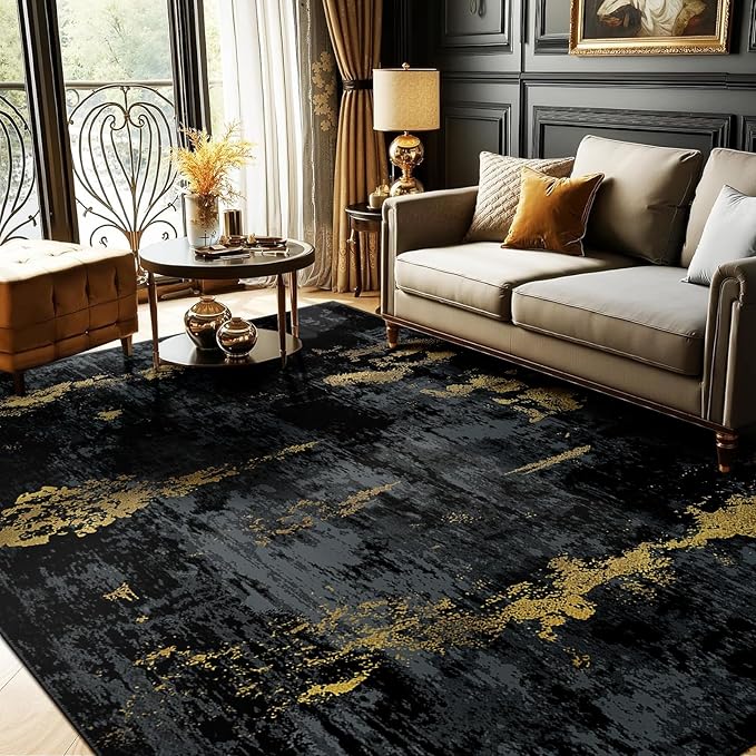 RELEANY Washable 9'x12' Abstract Area Rug for Living Room Black Gold | Carpet for Bedroom, Kitchen, Office, Hallway and Entryway, Printed Pattern, Non‑Slip, Soft, Stain‑Resistant, Easy to Clean