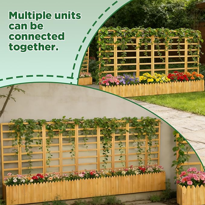 3 Panels Privacy Screen with Planter Box Outdoor,Vertical Raised Garden Bed for Climbing Plants Garden Fence with Trellis & Drain Holes for Vegetables, Flowers on Patio, Balcony & Backyard (Wood2)