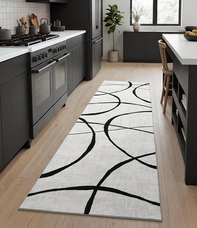 2x6 Washable Modern Black White Kitchen Runner Rug | Ultra-Thin Low Pile, Non-Slip TPE Backing, Soft Stain Resistant, Machine Washable, for Bedroom Livingroom High Traffic