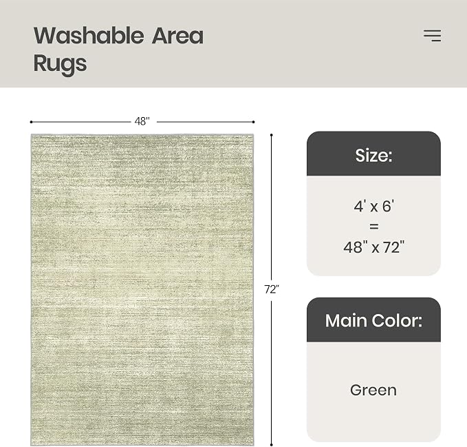 Valenrug 4x6 Area Rug for Entryway, Non Slip Washable Bedroom Rug, Green | Soft Low Pile, Thin & Lighweight Carpet, Folable Stain Resistant Modern Indoor Floor Mat for Living Room,Hallway, Home Decor