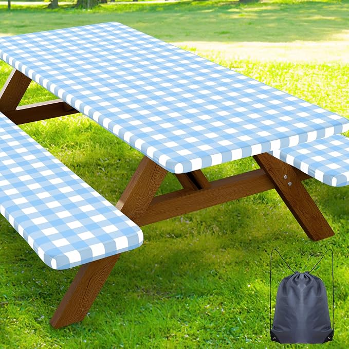 Smiry Picnic Table Cover with Bench Covers, Waterproof Elastic Fitted Tablecloths for 5 Foot Rectangle Tables, Washable Buffalo Plaid Tablecloth for Camping, Outdoor (Light Blue & White, 30"x60")