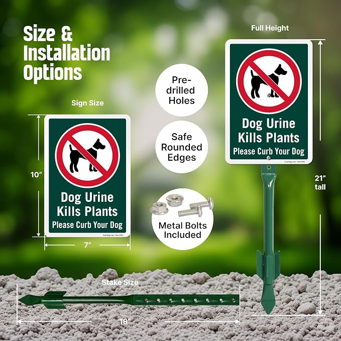 SmartSign 10 x 7 inch “Dog Urine Kills Plants, Please Curb Your Dog” LawnPuppy Yard Sign and 18 inch Stake Kit, 40 mil Laminated Rustproof Aluminum, Green and White, Set of 1