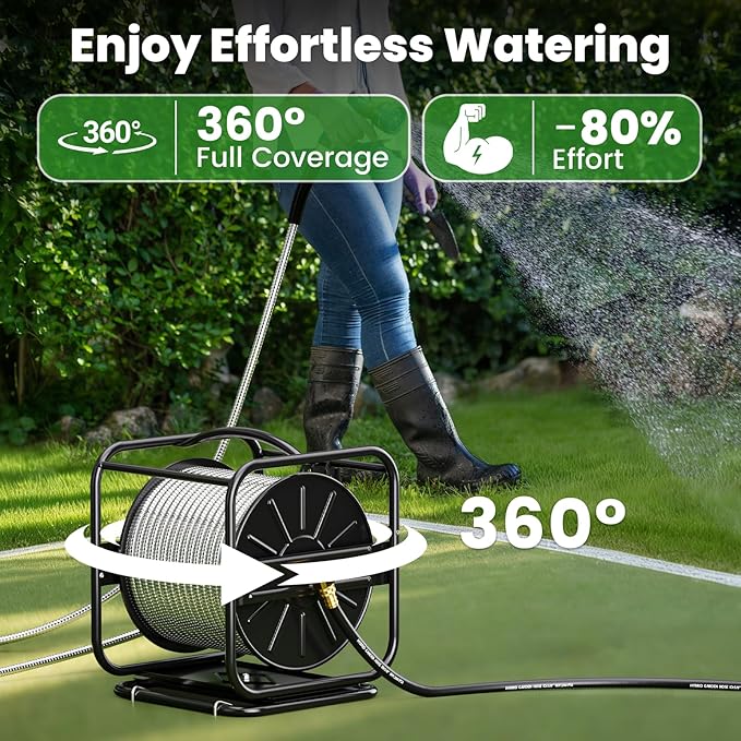 SPECILITE Heavy Duty Hose Reel with 100Ft 3/4" 304 Stainless Steel Garden Hoses, Upgraded Guide System, 360 Swivel Base, Wall Mount/Floor Water Pipe Spool for Outside, Yard, Lawn