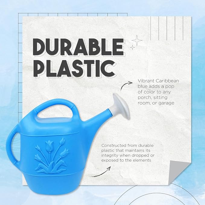 Union Products 63066 2 Gallon Plastic Indoor/Outdoor Watering Can w/Tulip Design for Garden, Potted Plants, & Patio Pots, Caribbean Blue, 3 Pack